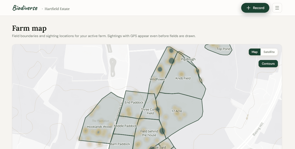 The farm map on a laptop: a heatmap of sightings over the field boundaries.