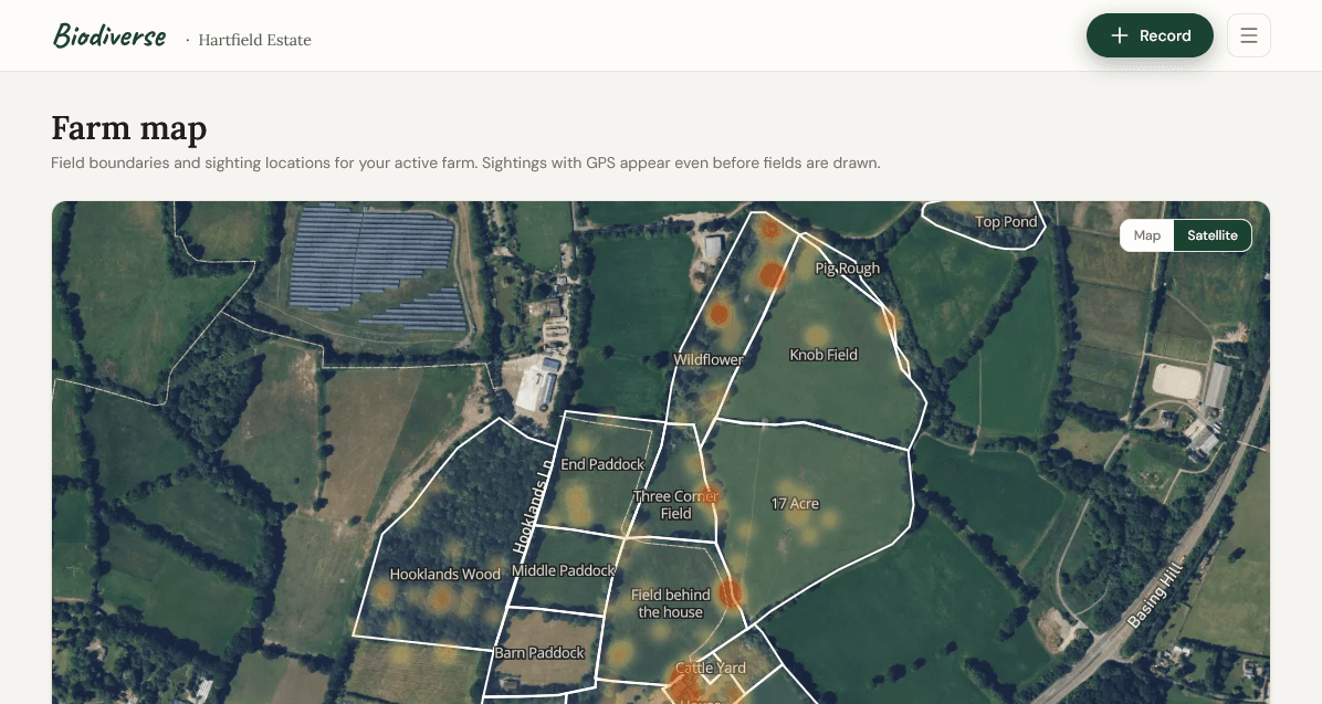The farm map on the satellite basemap: coloured sighting markers spread across the estate's field boundaries.